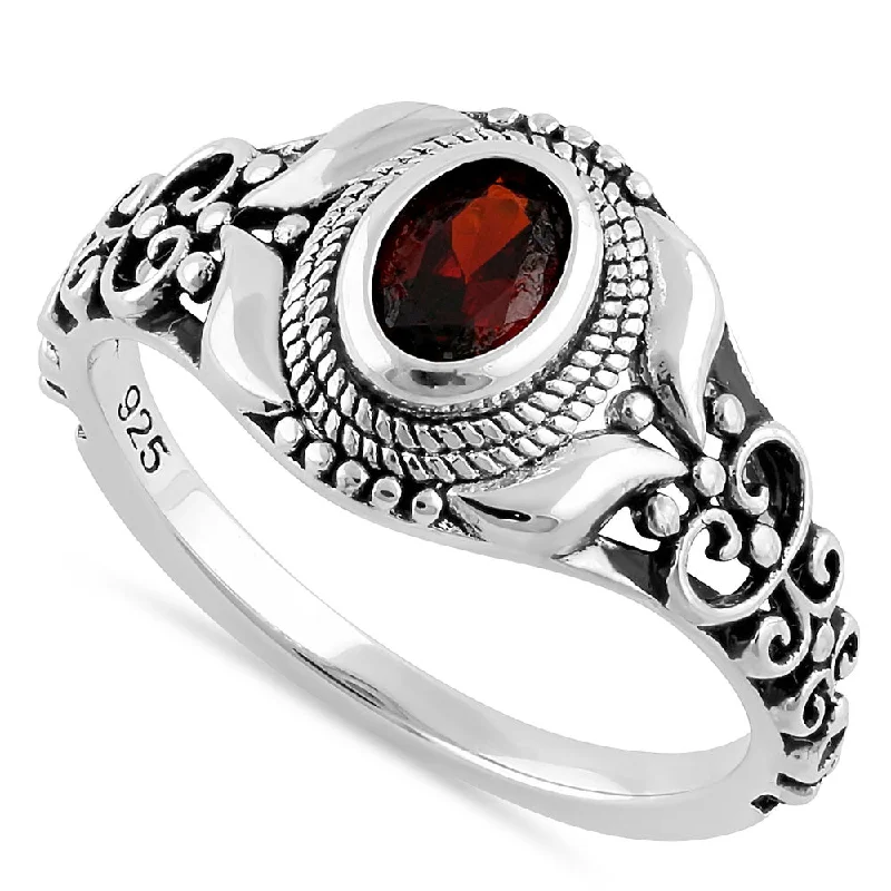 Rings With Engraved Designs-Sterling Silver Austere Oval Cut Dark Garnet CZ Ring