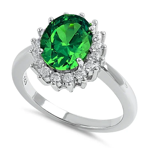 Long Wear Rings-Sterling Silver Green Oval CZ Ring