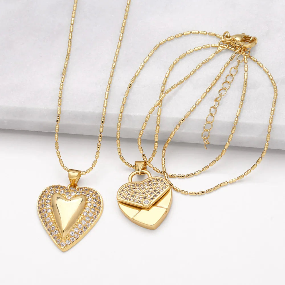 Low Glow Necklaces-Copper 18K Gold Plated Modern Style Simple Style Plating Inlay Heart Shape Zircon Pendant Necklace