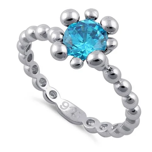 Rings With Dangle Charms-Sterling Silver Beaded Blue Topaz Round CZ Ring