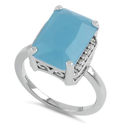 Cheap Rings For Sale-Sterling Silver Big Blue Glass Rectangle Ring