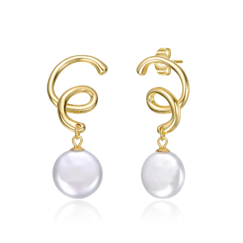 Earrings For Wet Climates-14k Gold Plated Spiral Freshwater Pearl Dangle Earrings