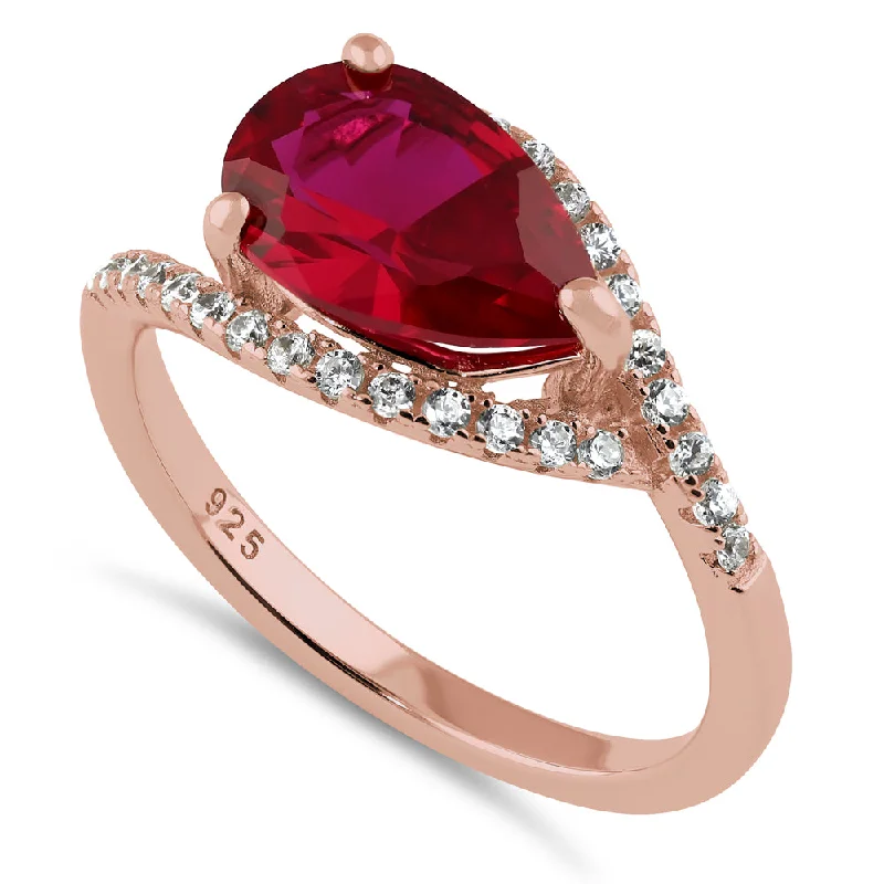 Best Wear Rings-Sterling Silver Rose Gold Plated Ruby Pear CZ Ring