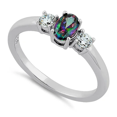 Tiny Rings For Simplicity-Sterling Silver Oval Cut Rainbow Topaz CZ Ring