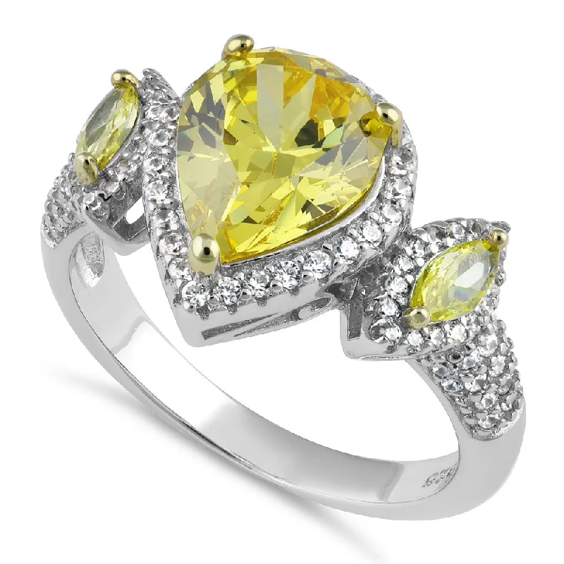 Super Slim Rings-Sterling Silver Yellow Pear-Shape Halo CZ Ring