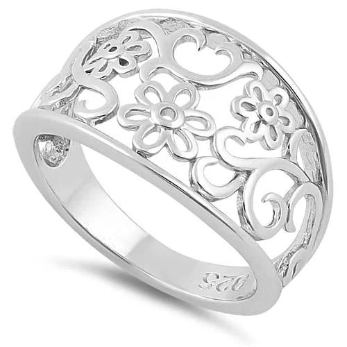 Tough Rings For Wear-Sterling Silver Elegant Flowers Ring