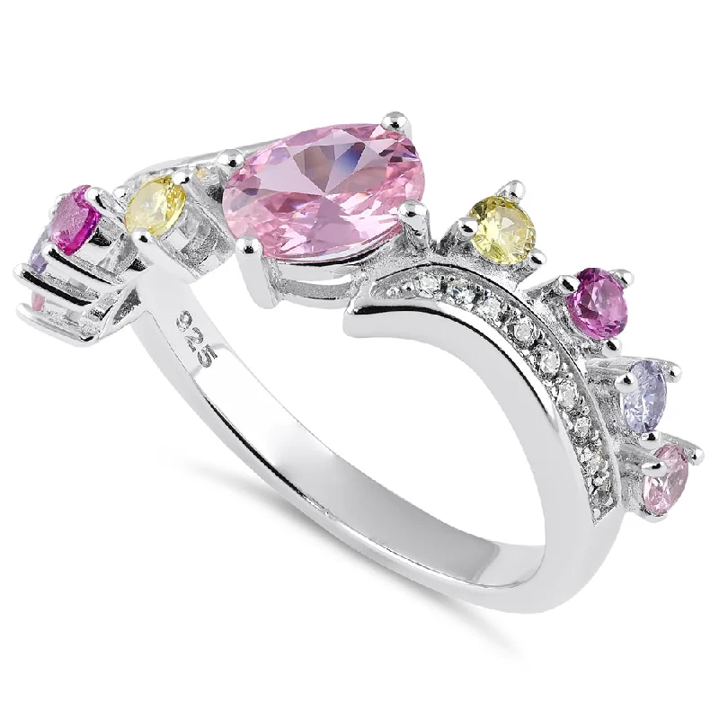 Max Shine Rings-Sterling Silver Half Eternity Pink and Yellow CZ Curved Ring