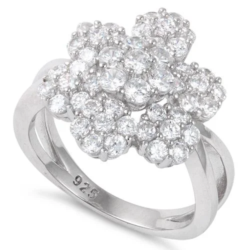 Rings For Cold Weather-Sterling Silver Extravagant Flower CZ Ring