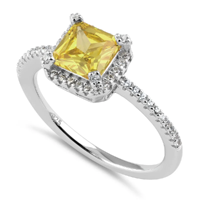 Rings For Everyday Wear-Sterling Silver Classic Princess Cut Halo Yellow CZ Ring