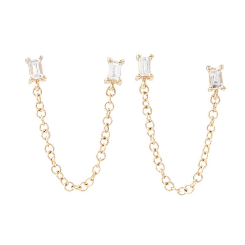 Earrings For Outdoor Fun-2 Baguette Double Stud Chain Earrings