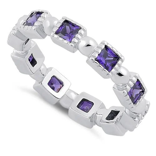 Rings For Layered Bracelets-Sterling Silver Princess Cut Amethyst Eternity CZ Ring