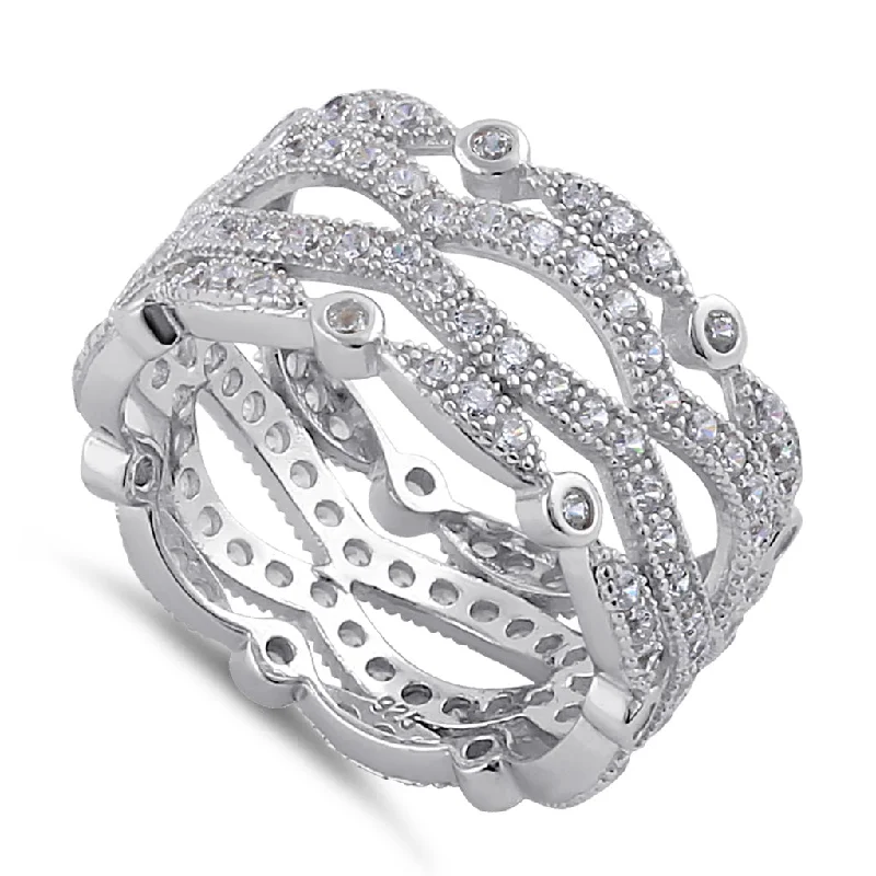 Rings For Wet Days-Sterling Silver Clear CZ Quad Stack Wave Ring