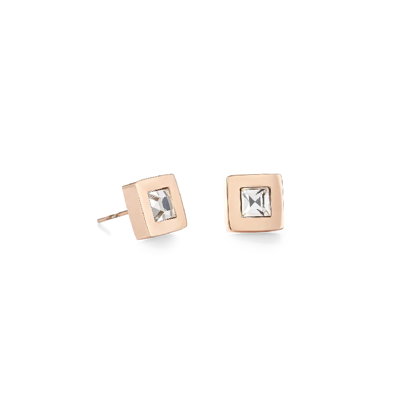 Earrings For Mixed Metals-Earrings square stainlees steel rose gold & crystal