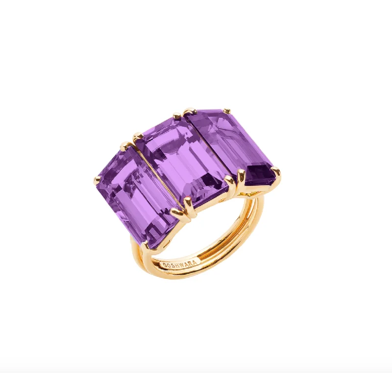 Rings For Flat Style-Gossip Three Stone Emerald Cut Amethyst Ring