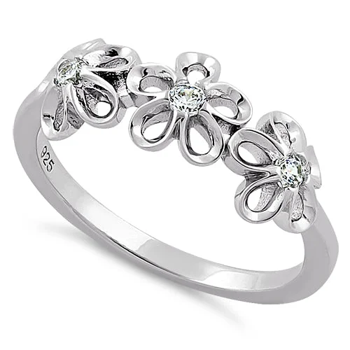 Rings With Crystal Stones-Sterling Silver Triple Plumeria CZ ring