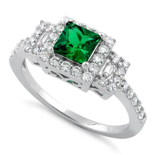 Rings For Mixed Metals-Sterling Silver Square Emerald CZ Cushion Ring