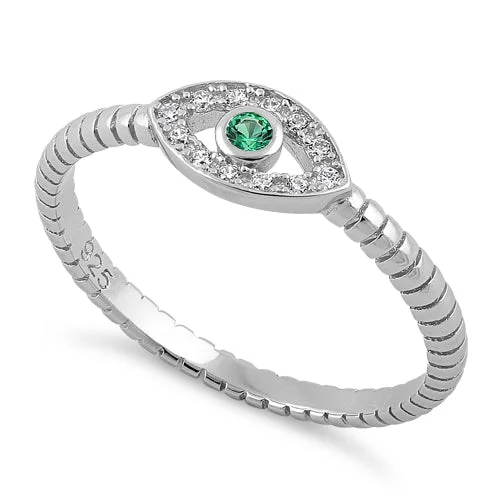 Rings For Beach Days-Sterling Silver Emerald Stone Evil Eye CZ Ring