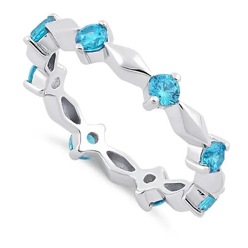 Rings With Bright Colors-Sterling Silver Round Cut Eternity Blue Topaz CZ Ring