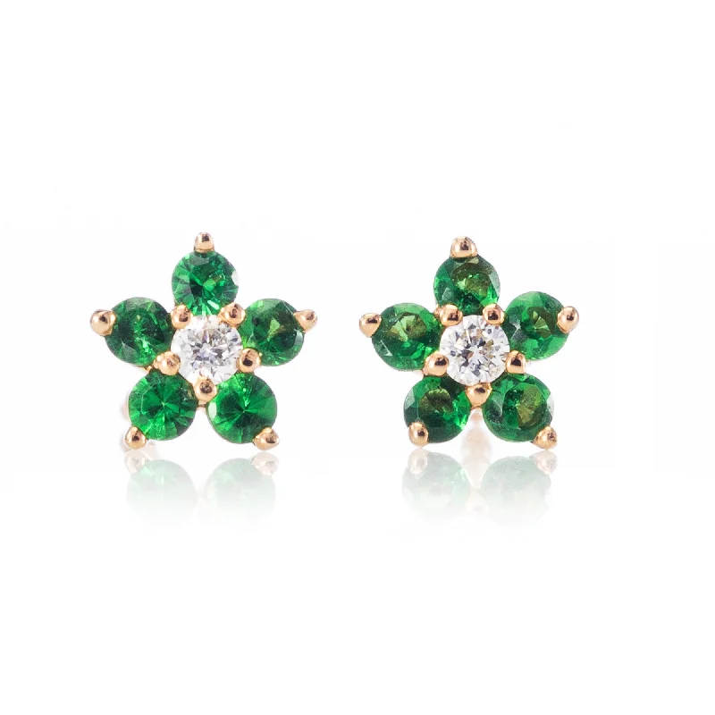 Earrings With Big Hoops-Tiny Tsavorite Flower Studs