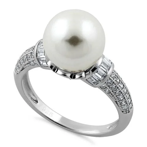 Rings For Knuckle Style-Sterling Silver Queen Crown Synthetic Pearl CZ Ring