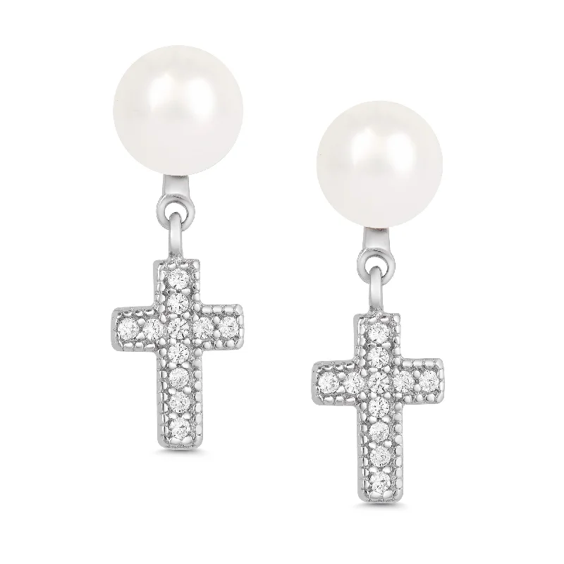 Earrings Fit Tips-Freshwater Pearl and CZ Cross Dangle Earrings in Sterling Silver