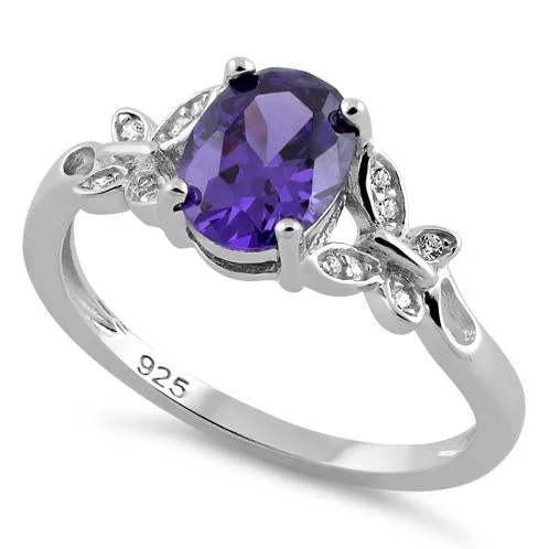 Rings For Jewelry Fans-Sterling Silver Double Butterfly Amethyst Center Stone CZ Ring