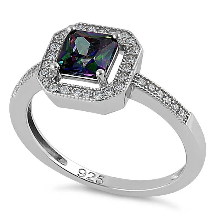 Rings For Warm Tones-Sterling Silver Rainbow Topaz CZ Cushion Halo Ring