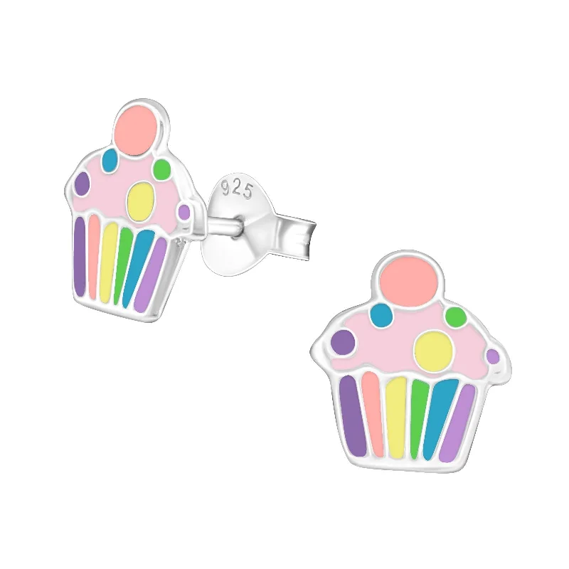 Slim Earrings For Elegance-Rainbow Cupcake Stud Earrings in Sterling Silver