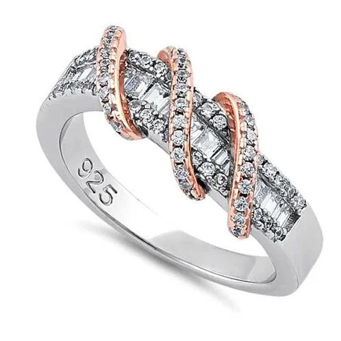 Rings With Matte Finish-Sterling Silver Two Tone Rose Gold Plated Classic Twisted Clear CZ Ring