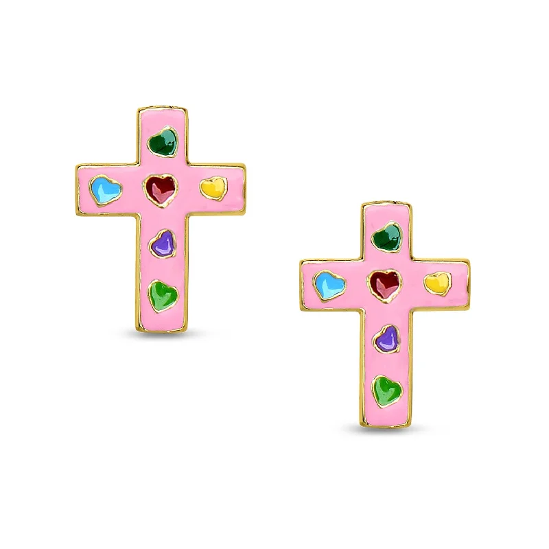 Earrings For Rural Looks-Cross Stud Earrings - Pink