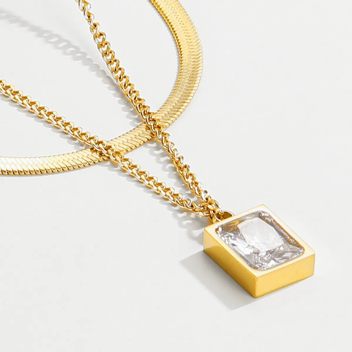 Necklaces For Hard Days-Simple Style Square Stainless Steel Plating Inlay Zircon 14k Gold Plated Layered Necklaces