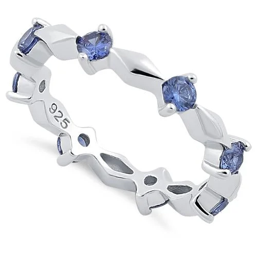 Rings Shine Rating-Sterling Silver Round Cut Eternity Tanzanite CZ Ring