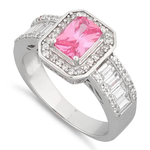 Rings With Tight Fit-Sterling Silver Emerald Cut Pink Clear CZ Ring