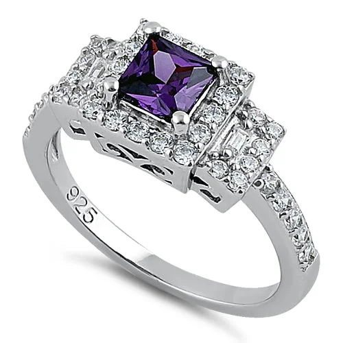 Rings Sparkle Test-Sterling Silver Square Amethyst CZ Ring