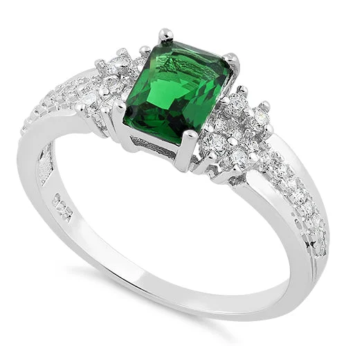 Rings For Statement Necklaces-Sterling Silver Emerald Rectangle CZ Ring