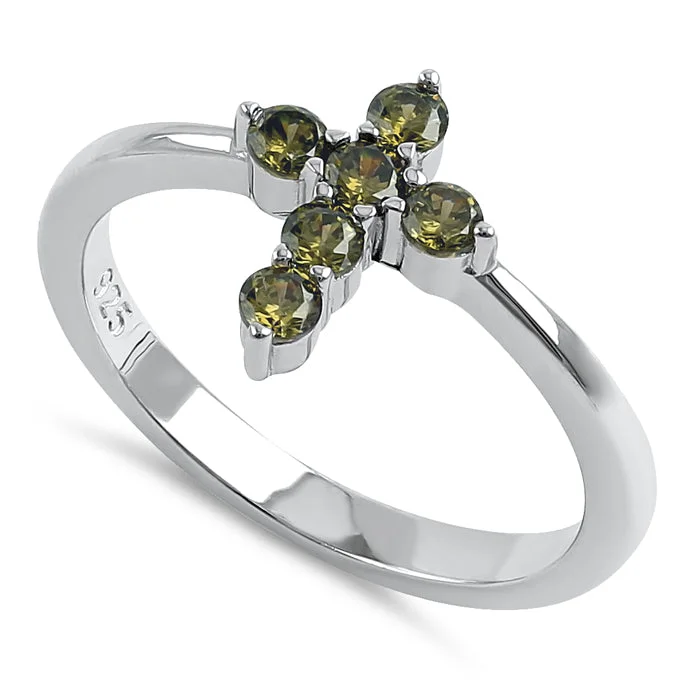 Rings With Floral Motifs-Sterling Silver Cross Peridot CZ Ring