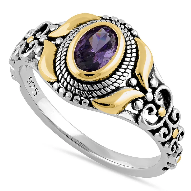 Rings With Wide Bands-Sterling Silver Gold Plated Detailing Austere Oval Cut Amethyst CZ Ring