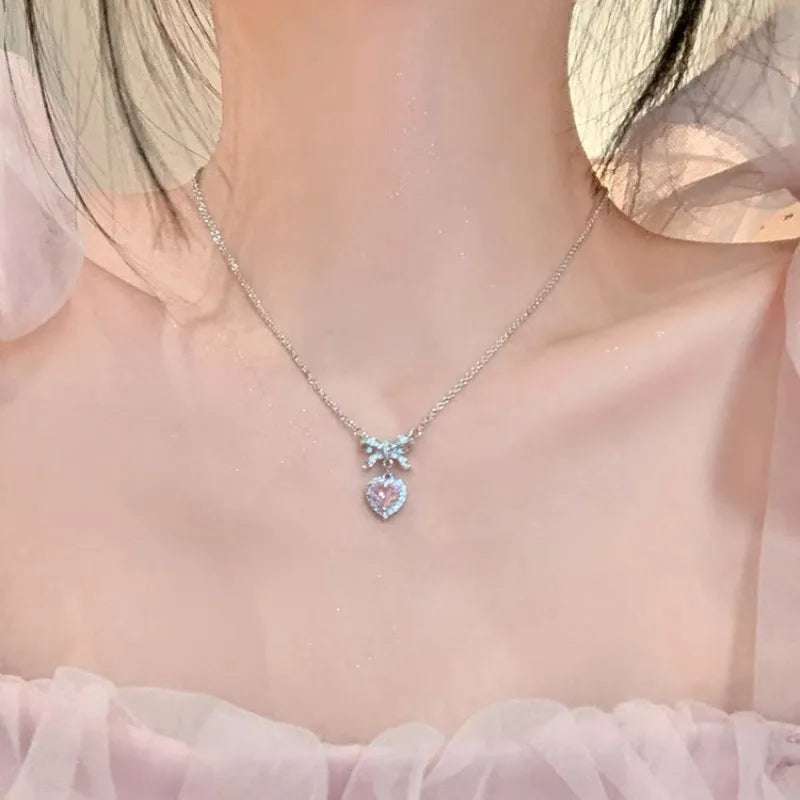 Necklaces Finish Styles-Titanium Steel Copper Simple Style Classic Style Inlay Heart Shape Bow Knot Rhinestones Pendant Necklace