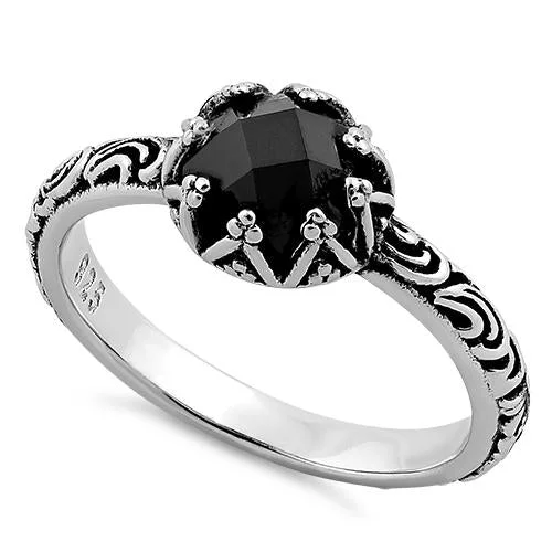 Rings For Late Nights-Sterling Silver Floral Black CZ Ring