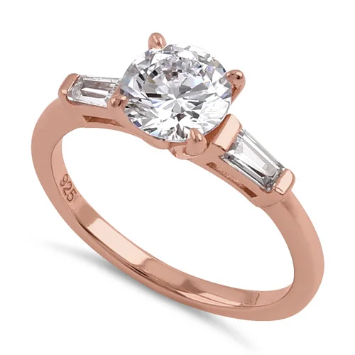 Rings For Long Fingers-Sterling Silver Rose Gold Plated Round and Baguette Cut Clear CZ Ring