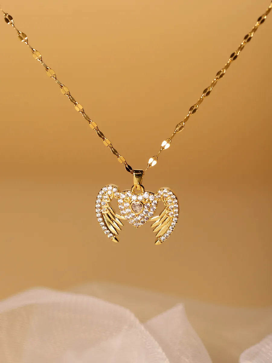 Necklaces Shine Rating-Elegant Heart Shape Stainless Steel Inlay Zircon 18k Gold Plated Pendant Necklace