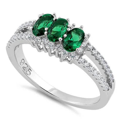 Rings For Sunny Outings-Sterling Silver Triple Oval Emerald CZ Ring