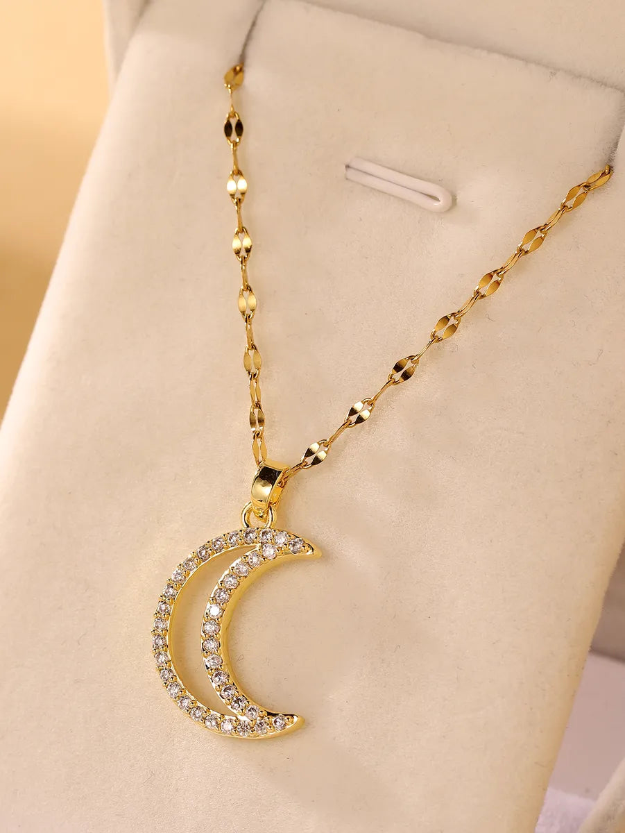 Necklaces Size Tips-Elegant Glam Luxurious Moon Stainless Steel Plating Hollow Out Inlay Zircon 18k Gold Plated Pendant Necklace