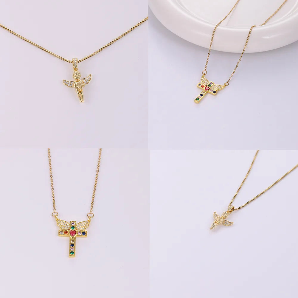 Necklaces Wear Guide-Stainless Steel Copper 18K Gold Plated IG Style Simple Style Plating Inlay Cross Heart Shape Wings Zircon Pendant Necklace