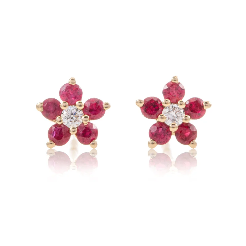 Earrings With Gold Finish-Tiny Ruby Flower Studs