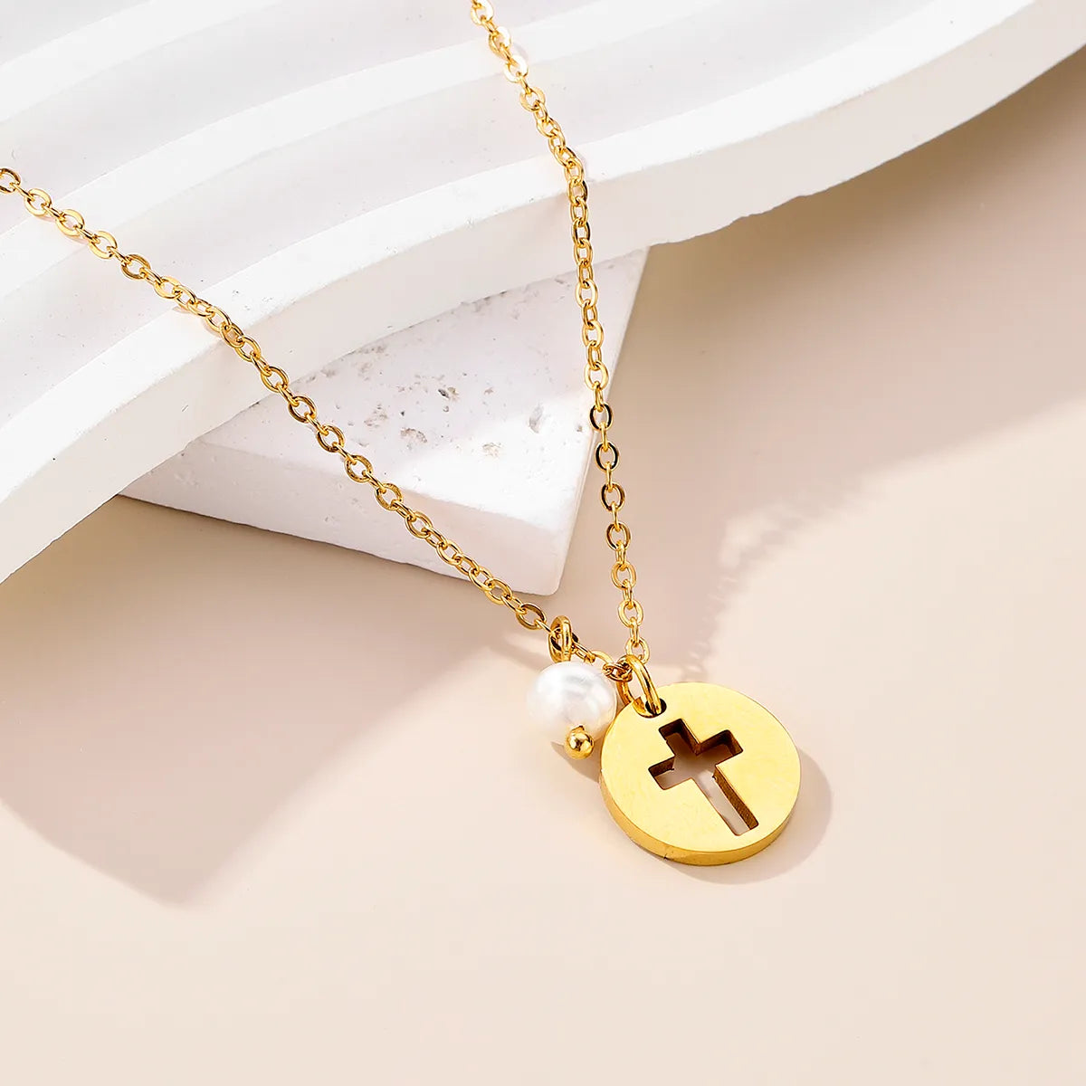 Necklaces For Daytime Style-Stainless Steel Baroque Pearls Simple Style Cross Hollow Out Carving Pendant Necklace