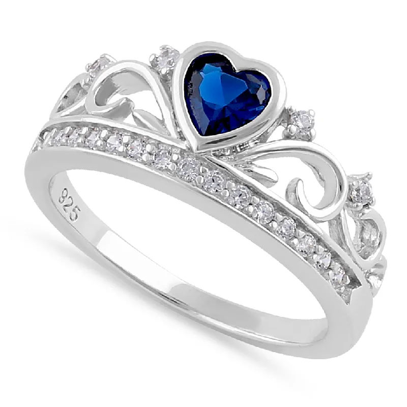 Wide Rings For Flair-Sterling Silver Heart Crown Blue Sapphire CZ Ring