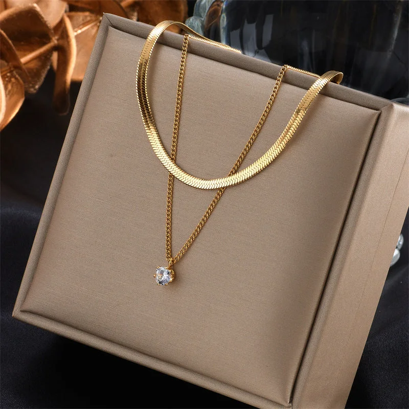 Necklaces For Young Teens-Fashion Simple Titanium Steel Double-layer Necklace Inlaid Zircon Necklace