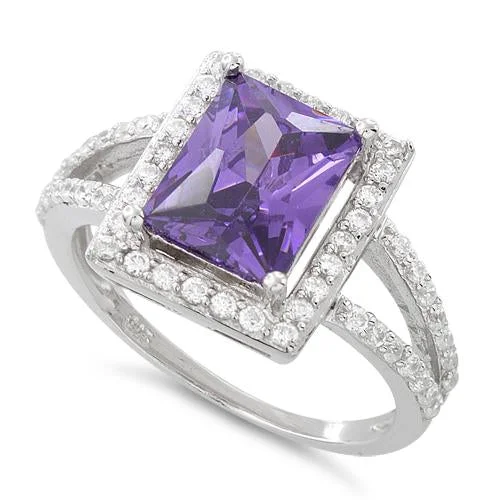 Rings Comfort Guide-Sterling Silver Amethyst Rectangular Halo CZ Ring