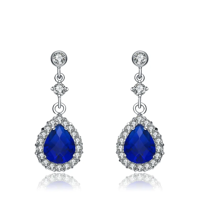 Earrings Wear Test-Sterling Silver Deep Blue Cubic Zirconia Oval Solitaire with Halo Earrings